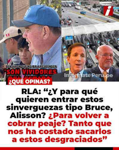 RICHARDEDGARDO8's tweet photo. 🚨 URGENTE¡BASTA DE LA MAFIA DE LOS PEAJES EN LIMA! 🧠Rafael López Aliaga les está dando con todo a Francis Allison y a “Techito” Carlos Bruce… y con toda la razón. Francis Allison: condenado en Miami por perjurio y contrabando de dinero (no declaró más de US$50 mil). Ahora quiere la MML.
Carlos Bruce  hombre de confianza de Alejandro Toledo, vinculado a la campaña de Perú Posible que recibió aportes de Odebrecht.
Estos dos representan exactamente lo que López Aliaga ha combatido desde el día 1:
la misma red que trajo a Odebrecht, firmó contratos podridos y nos obligó a pagar peajes nacidos de la corrupción.Mientras Porky ha peleado para quebrar Rutas de Lima y sacar a las “ratas de Lima”, ellos aparecen defendiendo volver a cobrar peajes y apoderarse de la Municipalidad Metropolitana.🤮🤬
