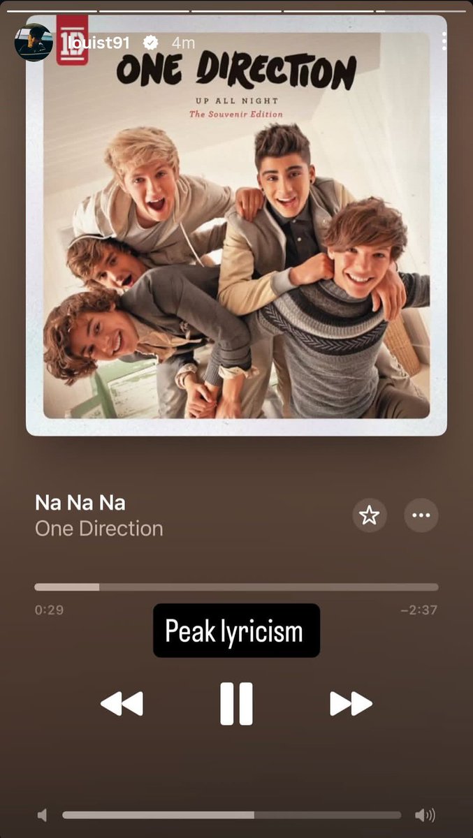 LouisWT91World's tweet photo. 📲| “Peak lyricism” — Louis Tomlinson via Instagram Stories: Na Na Na by One Direction https://t.co/22ZuvcQHrA