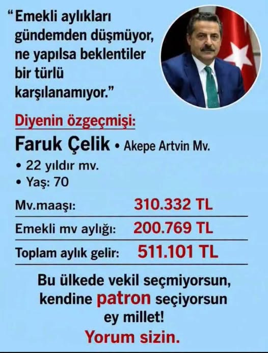 TOPRAK_2_'s tweet photo. Ey Faruk Bey,
Siz ve sizin gibi yüzlerce vekil ayda yarım milyon TL’nin üzerinde para çekerken, milletin emeklisi 15-20 bin TL ile geçinmeye çalışıyor.
“Beklentiler karşılanamıyor” diyorsunuz.
Sizin beklentiniz zaten karşılanmış. Milletin beklentisi ise adalet. https://t.co/M8sqULkfS0