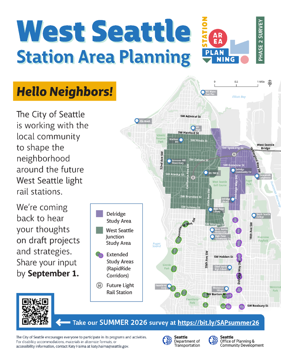 seattledot's tweet photo. Light rail is coming to West Seattle! Meet with us and @SeattleOPCD at the West Seattle Farmers Market on July 26 and August 2.

We seek feedback on projects &amp; strategies for future West Seattle stations. Take our survey by September 1 and visit our booth: https://t.co/mdi9oMAZe1 https://t.co/rxo98g2qwF