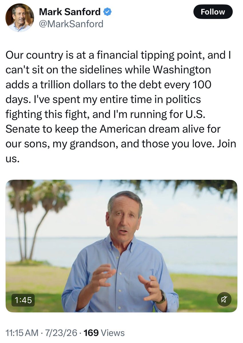 PollTracker2024's tweet photo. Mark Sanford (R) announces bid for US Senate in South Carolina https://t.co/aZUY4lyOTL