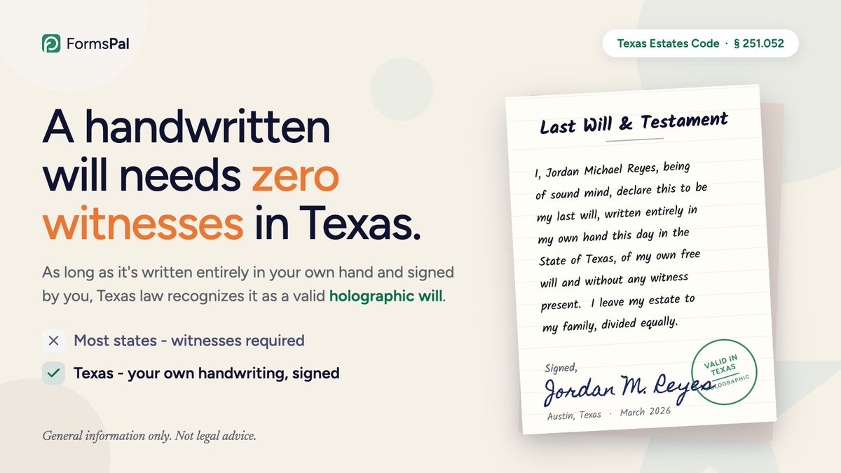 FormsPal's tweet photo. 📜 Sounds fake, but it isn't:
A handwritten will can be valid without witnesses if it's written entirely in your own hand and signed by you.
Most states require witnesses. Texas doesn't - Estates Code § 251.052. 📝
▶️ Will templates by state at #FormsPal:
 https://t.co/4lniKNcdec https://t.co/qrQoLUFSqh
