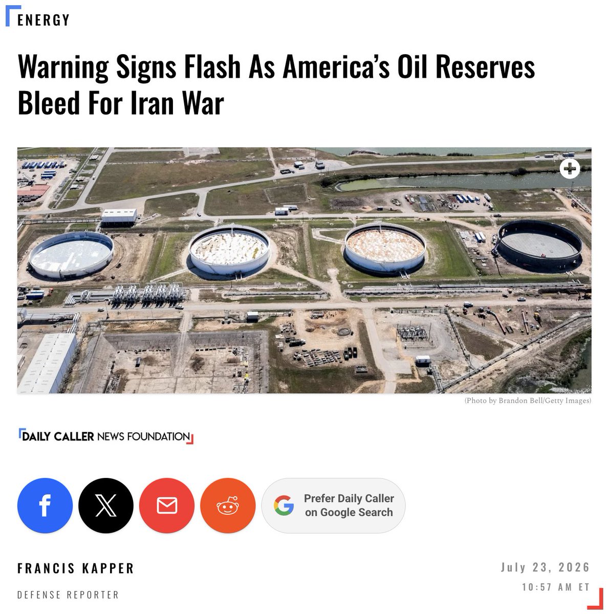 FrancisKapper's tweet photo. As the Iran War continues to strangle the U.S. economy, our safety net is being depleted.

That 'safety net' is the Strategic Petroleum Reserve, which has been drained by 25% in the last 4 months.

The Biden admin already drained it. Now we're pushing the limits.

Read the Article Below to learn more.

@DailyCaller