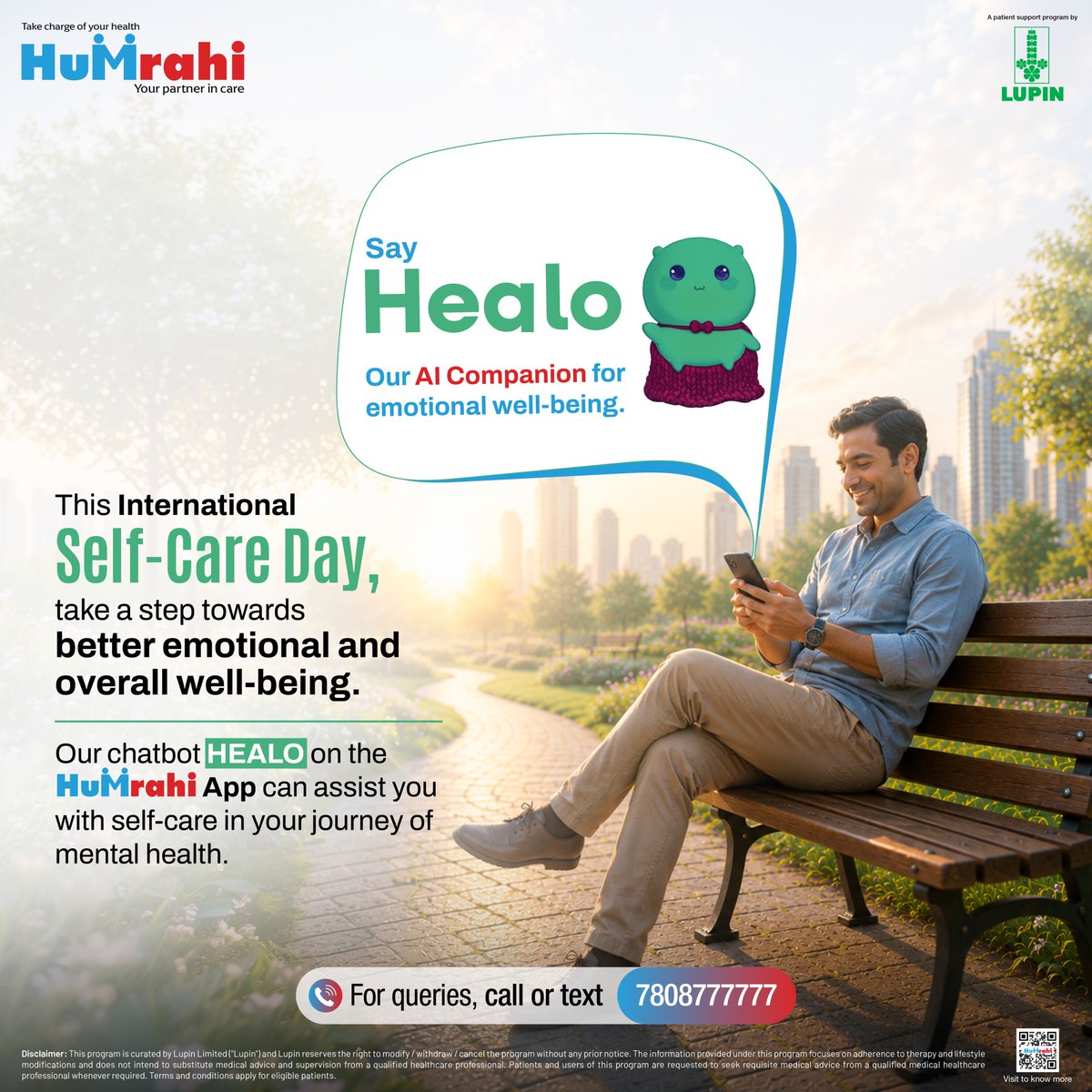 HumrahiCare's tweet photo. Good health is about caring for both your body and mind.💙

This #InternationalSelfCareDay, take a step towards better emotional well-being with HEALO on the Humrahi app.

Humrahi, your partner in care.

🔗Visit our website or app |📞7808777777

#Humrahi #HumrahiYourPartnerInCare https://t.co/HowNDAqH4E
