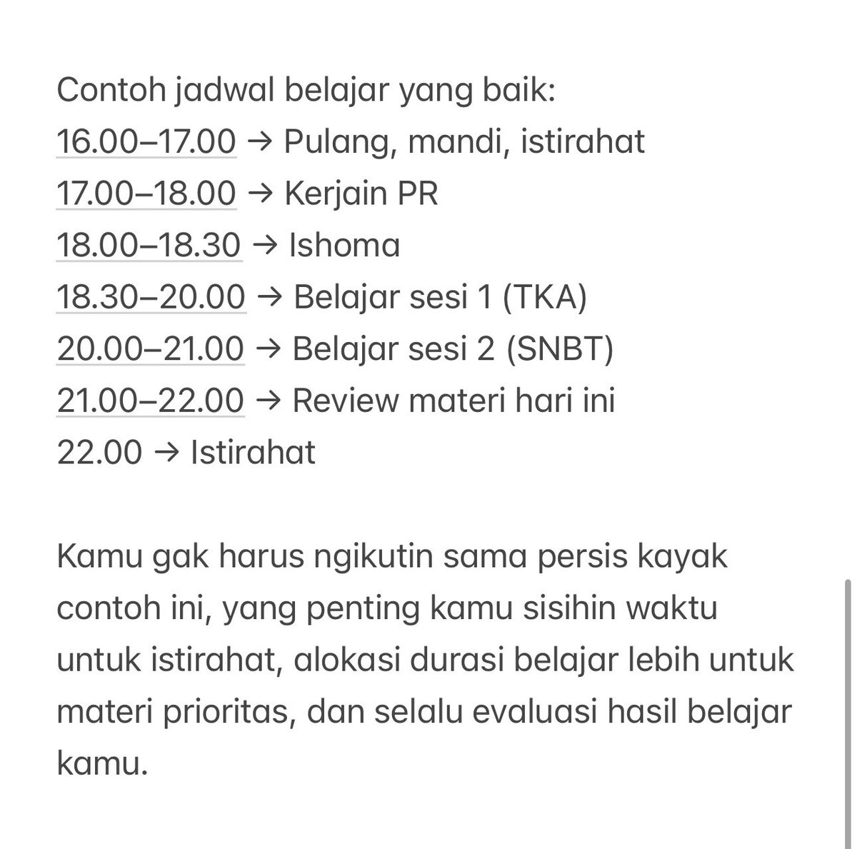 MAUNGAJARIN's tweet photo. 3. Susun jadwal belajar yang realistis

Banyak yang pulang sekolah udah langsung capek dan merasa ga kuat belajar. Daripada kamu nargetin waktu belajar yang terlalu ekstrim, lebih baik kamu plan selama seminggu kamu mau belajar apa dan durasinya disesuaikan sama kesibukan kamu! https://t.co/9rIehrZeaB