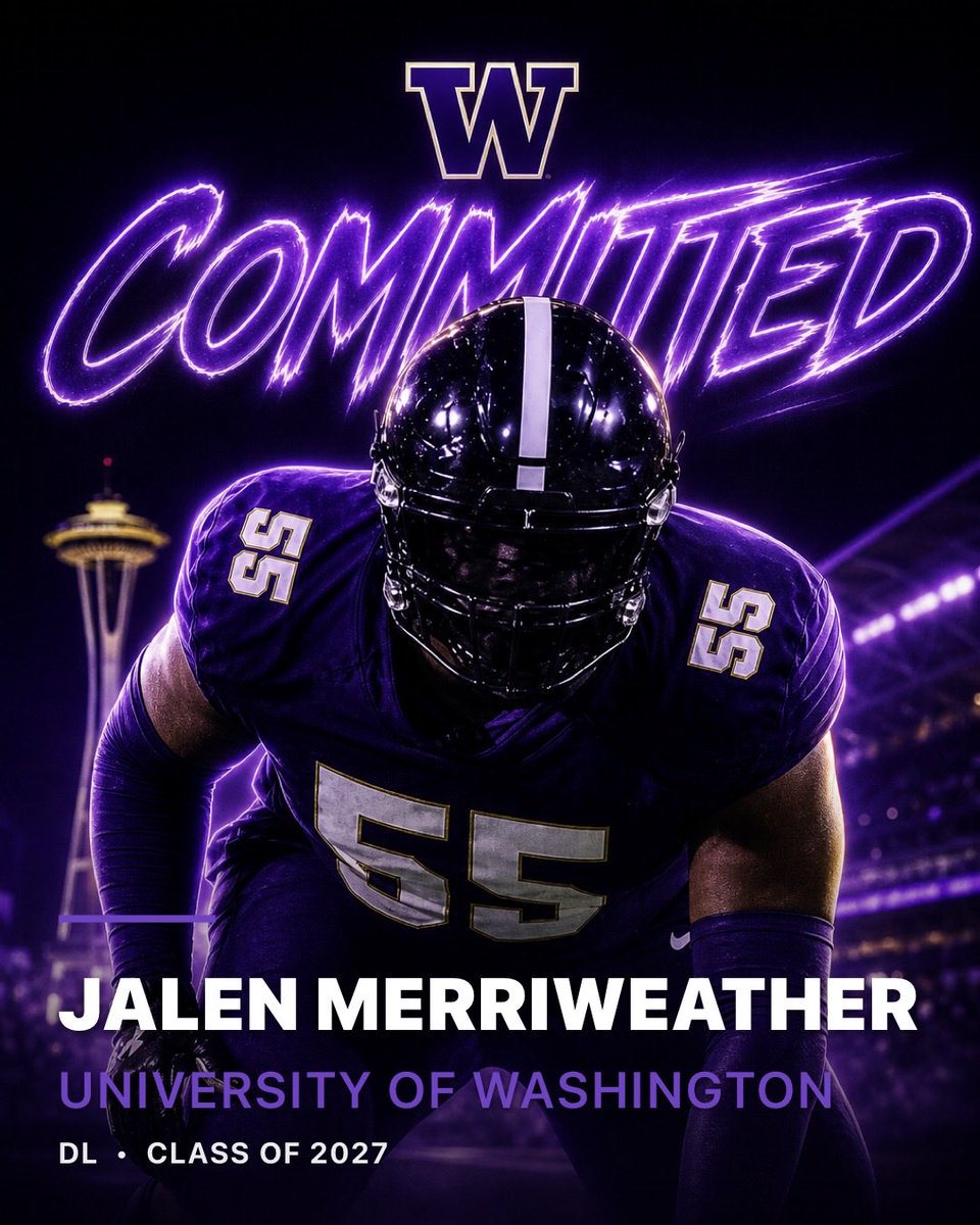 JMerriweather55's tweet photo. Blessed to announce my commitment to the University of Washington for the next 4 years.

I thank my coaches, family, and friends for sticking with me through this journey 🙏

#agtg #committed 

@CommitGraphix for the graphic https://t.co/iUGzMgDwpE