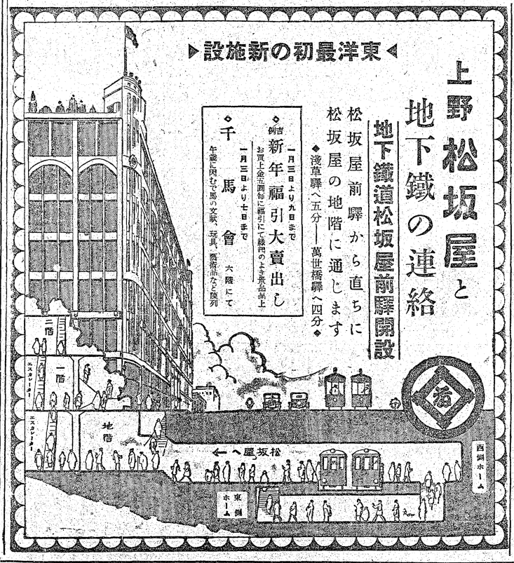 Showa_Express's tweet photo. 戦前の切り抜き　主に広告・１０
※昭和５年１月の新聞から

１：上野松坂屋
※地下鉄が万世橋まで延びたことによる駅との連絡通路完成の広告

２：その地下鉄開通の記事（一部）

３：日本航空輸送
※帝都上空遊覧飛行の広告。銀座上空などを飛ぶらしい

４：白木屋
※福袋販売の広告 https://t.co/vzQDVlgId3