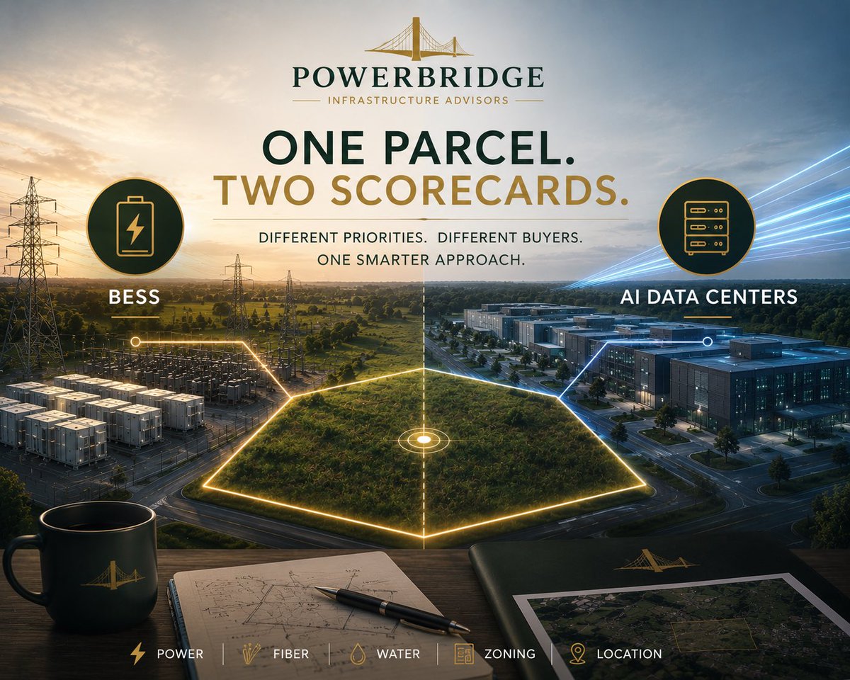PowerBridgeIA's tweet photo. The biggest mistake in infrastructure site origination?

Assuming every buyer is looking for the same thing.

A parcel that’s perfect for a BESS project may fail the first screen for an AI data center.

One parcel.
Two scorecards.

That’s why first-pass diligence matters.

#AIInfrastructure #DataCenters #BESS #SiteSelection #EnergyInfrastructure