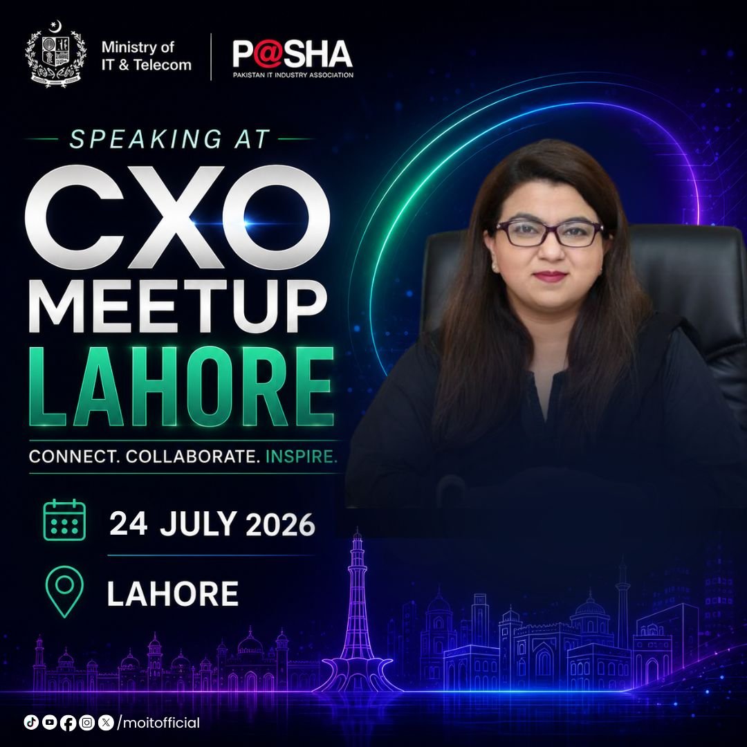 MoitOfficial's tweet photo. Federal Minister for IT &amp; Telecom Shaza Khawaja  @ShazaFK will be speaking at CXO Meetup Lahore, engaging with Pakistan's leading technology executives, and industry leaders on the future of innovation, digital transformation, and sustainable growth.
📅 24 July 2026
📍 Lahore https://t.co/7kKFAqTBmz