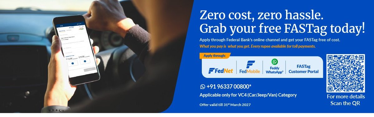 SmartFinDaily's tweet photo. 🚗 Free FASTag Offer

Federal Bank is running a fantastic offer ~ Completely FREE FASTag with zero joining cost!  

Here’s what you get:  
✓ ₹0 Onboarding Fee & ₹0 Security Deposit.
✓ Load ₹500 and the full ₹500 goes into your FASTag wallet for toll payments.
✓ Easy recharges through UPI, PhonePe, Google Pay, FedMobile, BBPS & more  
✓ Perfect for Car, Jeep, Van (VC4 category)  

This is one of the best offers right now if you need a new FASTag. No hidden charges, no hassle ~ just apply, get the tag.

How to Apply?
Just open FedMobile app, FedNet, or message “Hi” on Feddy WhatsApp (96337 00800).

Offer valid till 31 March 2027.  

https://t.co/fe4CD5Djfy

Perfect time to get your FASTag sorted before your next highway trip!  

Would you grab this offer? Tell me in comments 👇  

#FreeFASTag #FederalBank #FASTagOffer