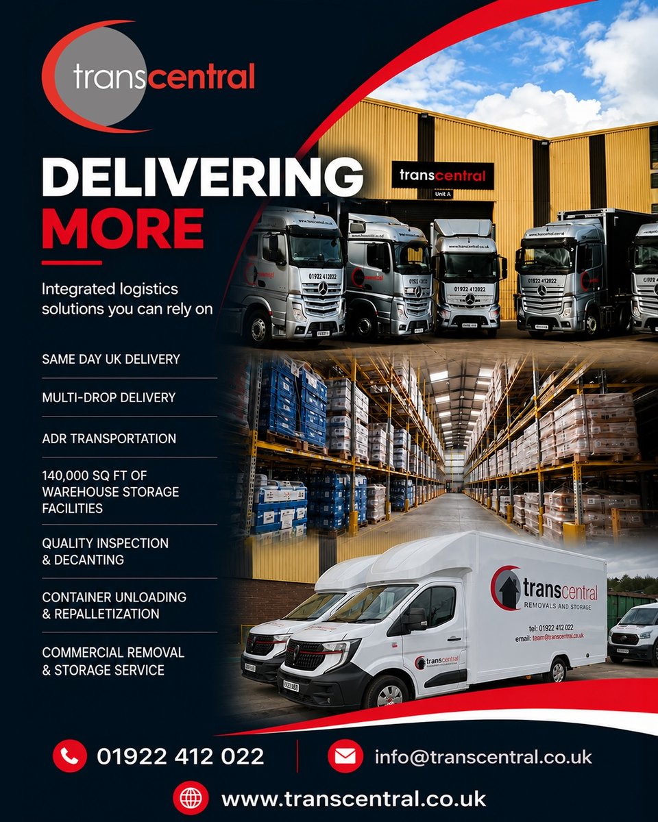 TranscentralUk's tweet photo. Your #logistics partner from start to finish. From #samedayUK deliveries and #ADRtransportation to 140,000 sqft of secure #warehousing, quality inspection, container unloading and #commercialremovals, #Transcentral has the experience &amp; infrastructure to keep your business moving. https://t.co/k8XfFAPsJ5
