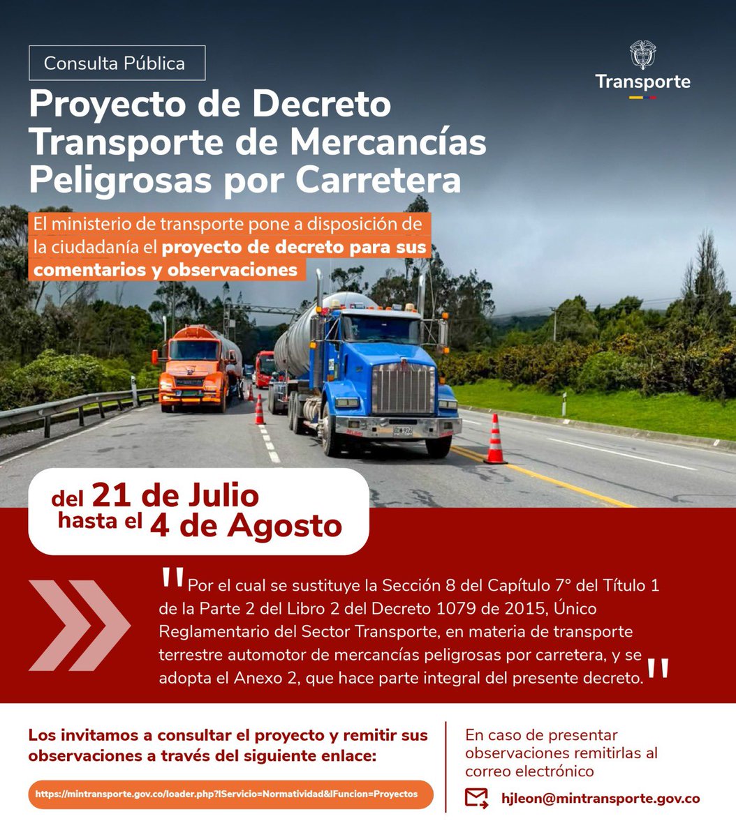 MinTransporteCo's tweet photo. 📢 Consulta Pública | Proyecto de Decreto sobre Transporte de Mercancías Peligrosas por Carretera

🔗 Consulta el proyecto aquí:
https://t.co/WgCUztRkUx

Envía tus comentarios y observaciones al correo
hjleon@mintransporte.gov.co https://t.co/znk5mxuhmk