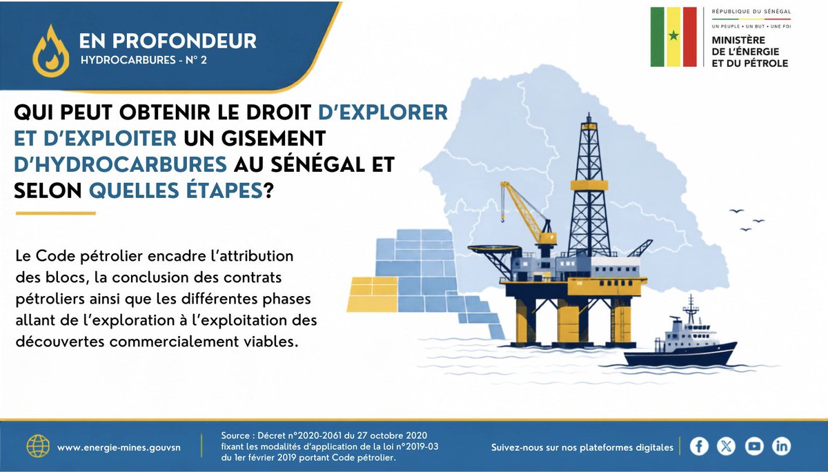 Mepsenegal's tweet photo. #EnProfondeur N°2 : découvrez les étapes d’obtention d’un titre d’exploitation pétrolier au Sénégal, de la découverte du gisement à la publication du contrat, dans le respect du Code pétrolier et des règles de transparence. 👇🏿
#Hydrocarbures #Sénégal https://t.co/ocl9nT40bs