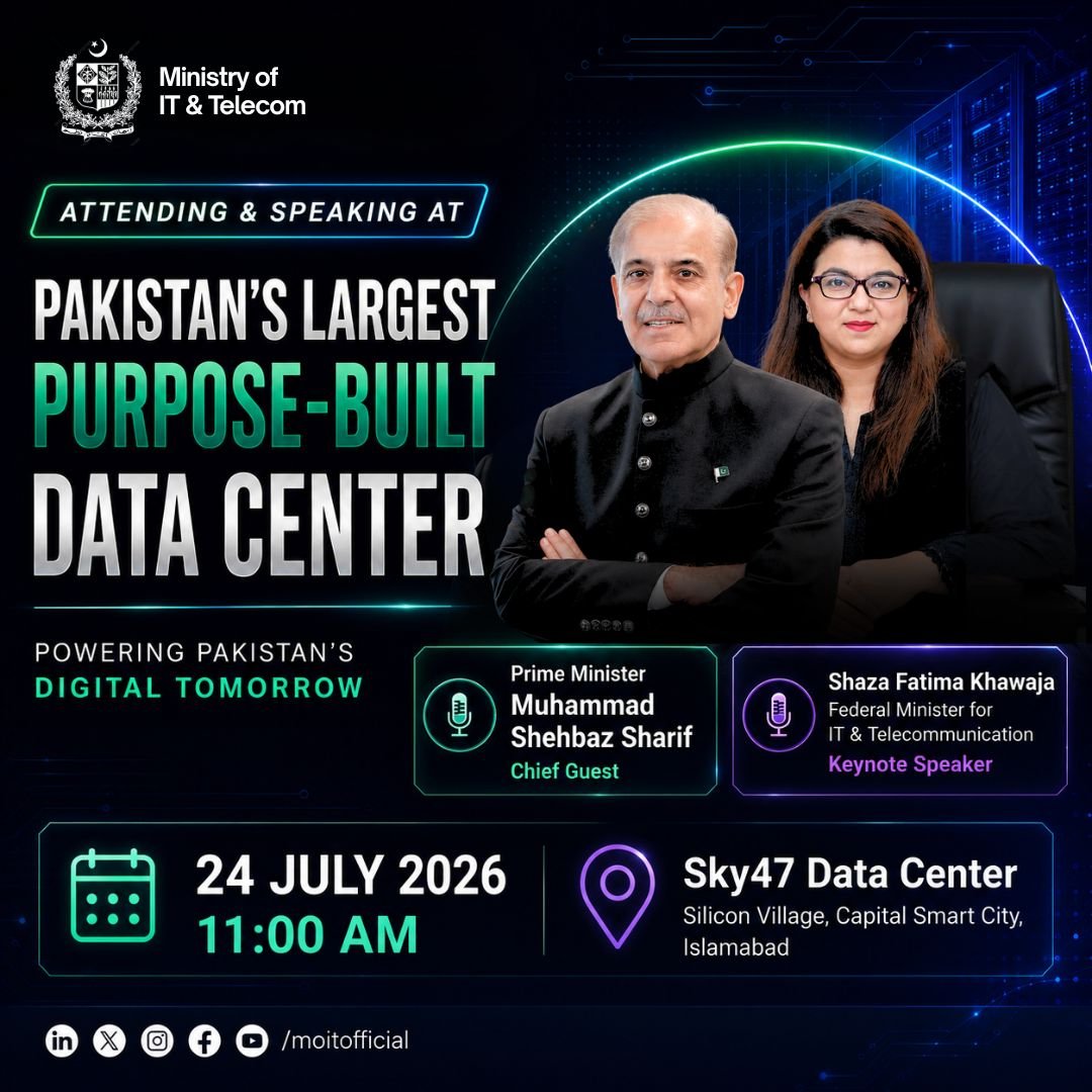 MoitOfficial's tweet photo. 🇵🇰 The future of Pakistan's digital economy begins here.
Prime Minister M. Shehbaz Sharif  @CMShehbaz &amp; Minister IT &amp; Telecom, Shaza Khawaja @ShazaFK will launch Pakistan's Largest Purpose-Built Data Center, sharing the @GovtofPakistan's vision for a #digitalnationPakistan https://t.co/k2gqbUWMNL