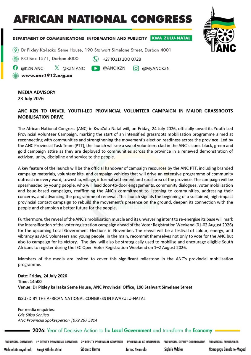 ANCKZN's tweet photo. ANC KZN TO UNVEIL YOUTH-LED PROVINCIAL VOLUNTEER CAMPAIGN IN MAJOR GRASSROOTS
MOBILISATION DRIVE https://t.co/2Imkkhd3Ay