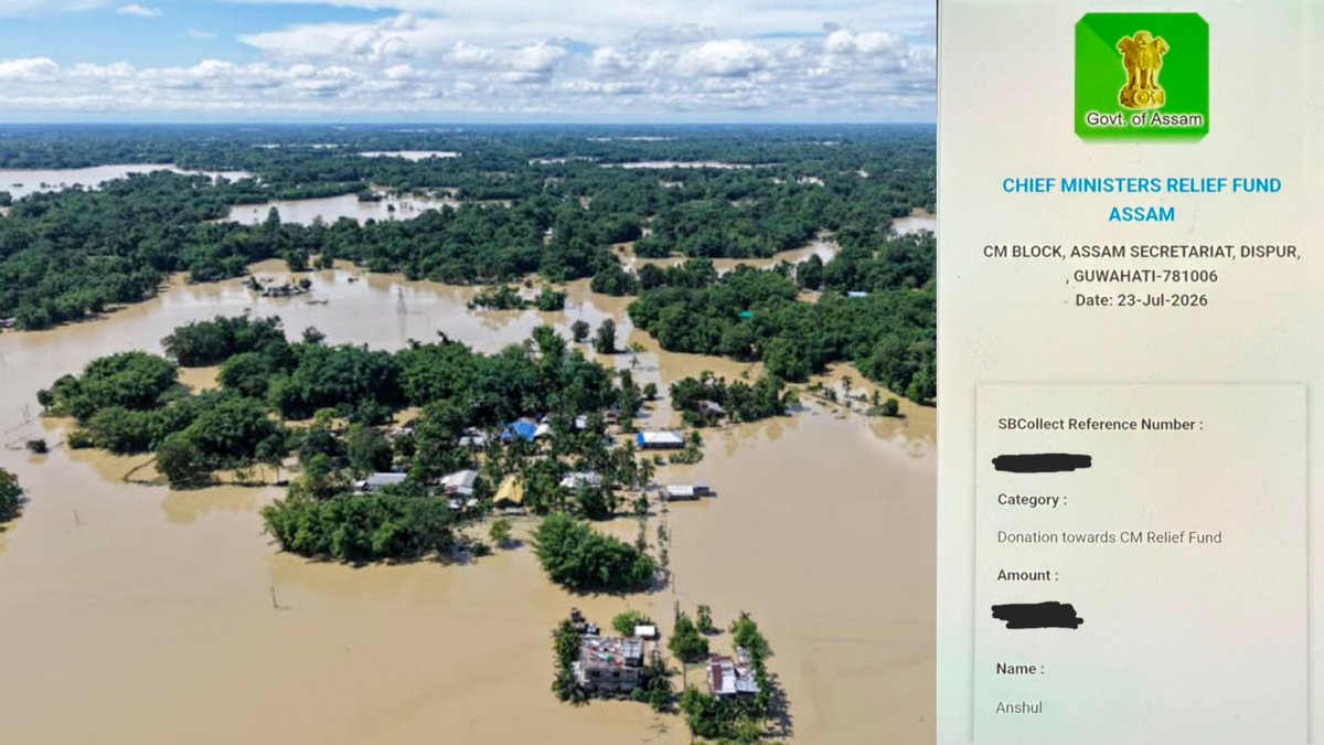 AskAnshul's tweet photo. Assam is facing devastating floods. Millions of people have been affected, and the death toll has already crossed 40. Thousands of families have lost their homes, livelihoods, and access to basic necessities.

If you are able to donate, please consider contributing to the Assam Chief Minister's Relief Fund or to any other credible relief organization working on the ground.

I have made a small contribution myself, not because it is enough, but because every little bit can help. If you are able to do the same, it could make a real difference to someone in need.

Every act of kindness matters. Let's stand with the people of Assam in this difficult time. Prayers for Assam.