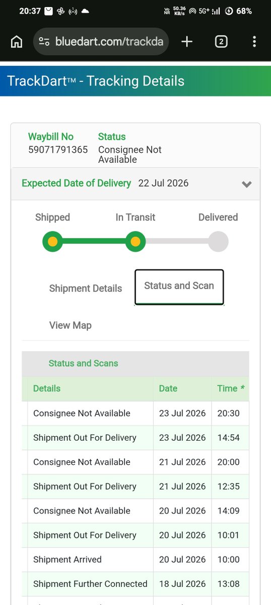 DholiMayur17's tweet photo. @BlueDart_ @BlueDartCares @Zara_care Please help! Blue Dart (Waybill: 59071791365) logged 3 fake "Consignee Not Available" scans without calling. They are about to return it to origin (RTO). Please intervene immediately to stop RTO and ensure doorstep delivery! 🙏 https://t.co/zTQCrgaFEV