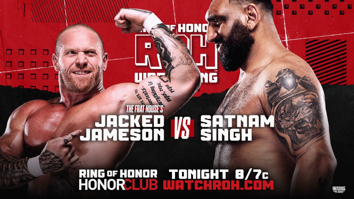 ringofhonor's tweet photo. .@JackedJameson faces a massive challenge as he looks to end @hellosatnam’s two-year undefeated streak in #ROH singles action!

📺 Watch ROH TV on #HonorClub at https://t.co/8dcdtxr3sN 8/7c https://t.co/xl9gotzRrw