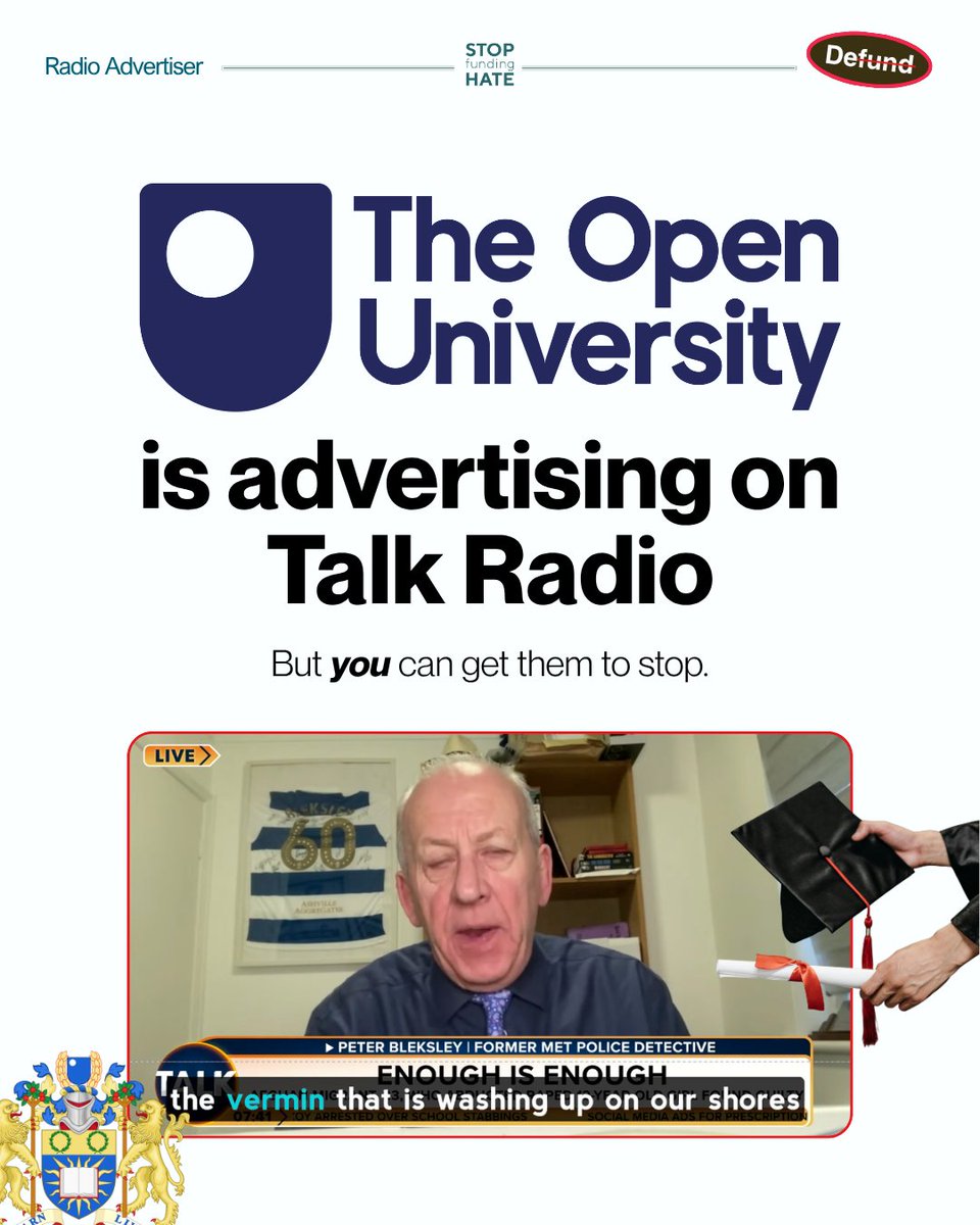 StopFundingHate's tweet photo. @OpenUniversity's commitment to inclusivity is heartening. However, their ads have also appeared on Talk Radio, which has aired comments likening refugees to “vermin”.

🚨 TAKE ACTION 👉 tag @openuniversity, asking them to #StopFundingHate by pulling their ads from Talk Radio. https://t.co/zK1lH7LaYT