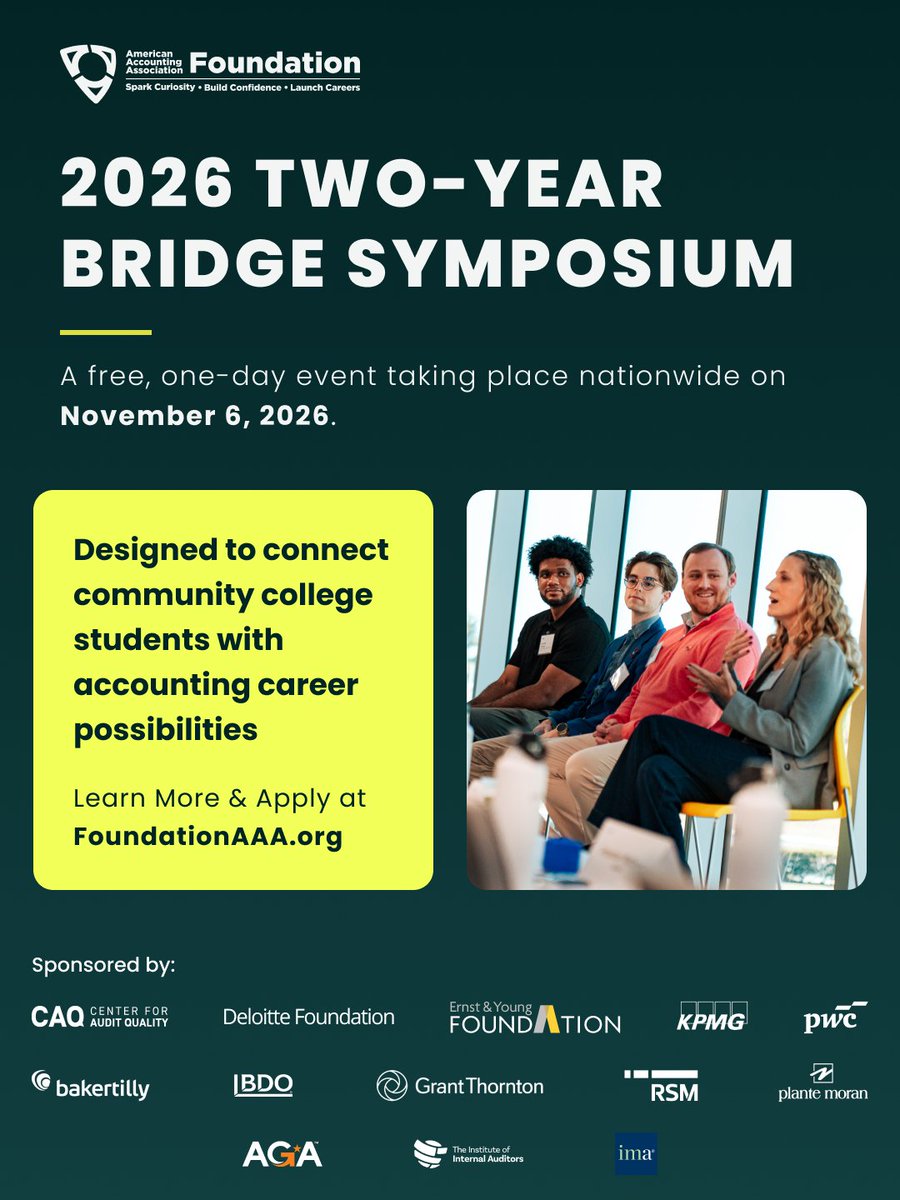 LouisvilleNaba's tweet photo. Faculty, share this with your students

The 2026 Two-Year Bridge Symposium connects community college students with accounting career possibilities through a fully funded, in-person experience at leading accounting firms.

Apply at: https://t.co/QmT9nk0BLV https://t.co/n11yJsb72b