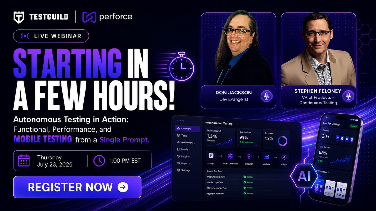 joecolantonio's tweet photo. 🚨 We're live in just a few hours! Join us to see autonomous testing in action—from describing your intent in natural language to AI-driven execution and unified reporting across web, mobile, and performance testing. 🔗 https://t.co/boNojymcpO #AITesting #GenerativeAI #LLM #SoftwareTesting #PerforceAutonomousTesting #DevOps #TestGuildWebinar @perforce