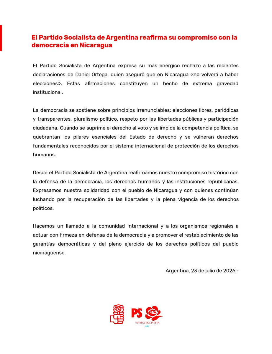 ps_argentina's tweet photo. Las declaraciones de Daniel Ortega, afirmando que en Nicaragua "no volverá a haber elecciones", son un grave ataque a los principios democráticos. 

Desde el @ps_argentina reafirmamos el compromiso con la democracia, los DDHH y la plena vigencia de las libertades políticas. https://t.co/XVAlHe2yms