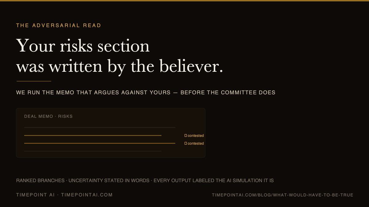 TimepointAI's tweet photo. Every risks section in every deal memo has the same flaw: it was written by the person who wants the deal done.

Big funds staff an adversarial read. Small funds don't have the bodies.

We run the memo that argues against yours — before the committee does. https://t.co/W6cXVMAzxR