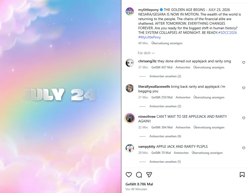 Stinken1's tweet photo. 【悲報】「明日、すべてが変わる。」と24日の大発表を予告したハズブロのMLP公式インスタのリプがラリティとアップルジャックの嘆願で埋まっています。 https://t.co/yOH4LqP2HI