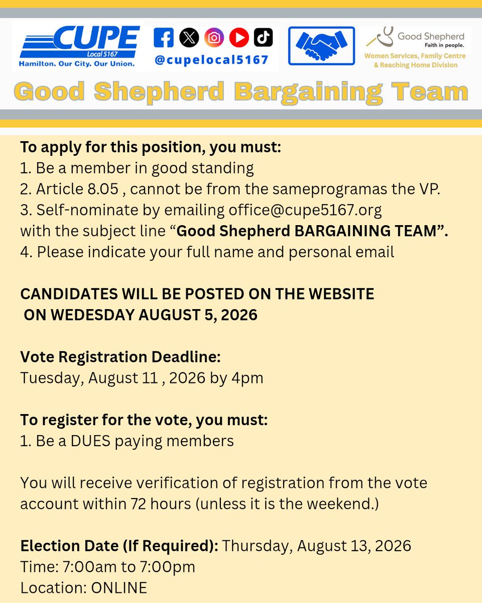 CUPELocal5167's tweet photo. We need Good Shepherd Bargaining Team Members!
Are you passionate about supporting your coworkers and helping shape the future of our Collective Agreement?
Don't forget to register to vote if an election is required!
https://t.co/3TaxUyygC5
#CUPE5167 #BargainingTeam #union https://t.co/oomeEVkqLx