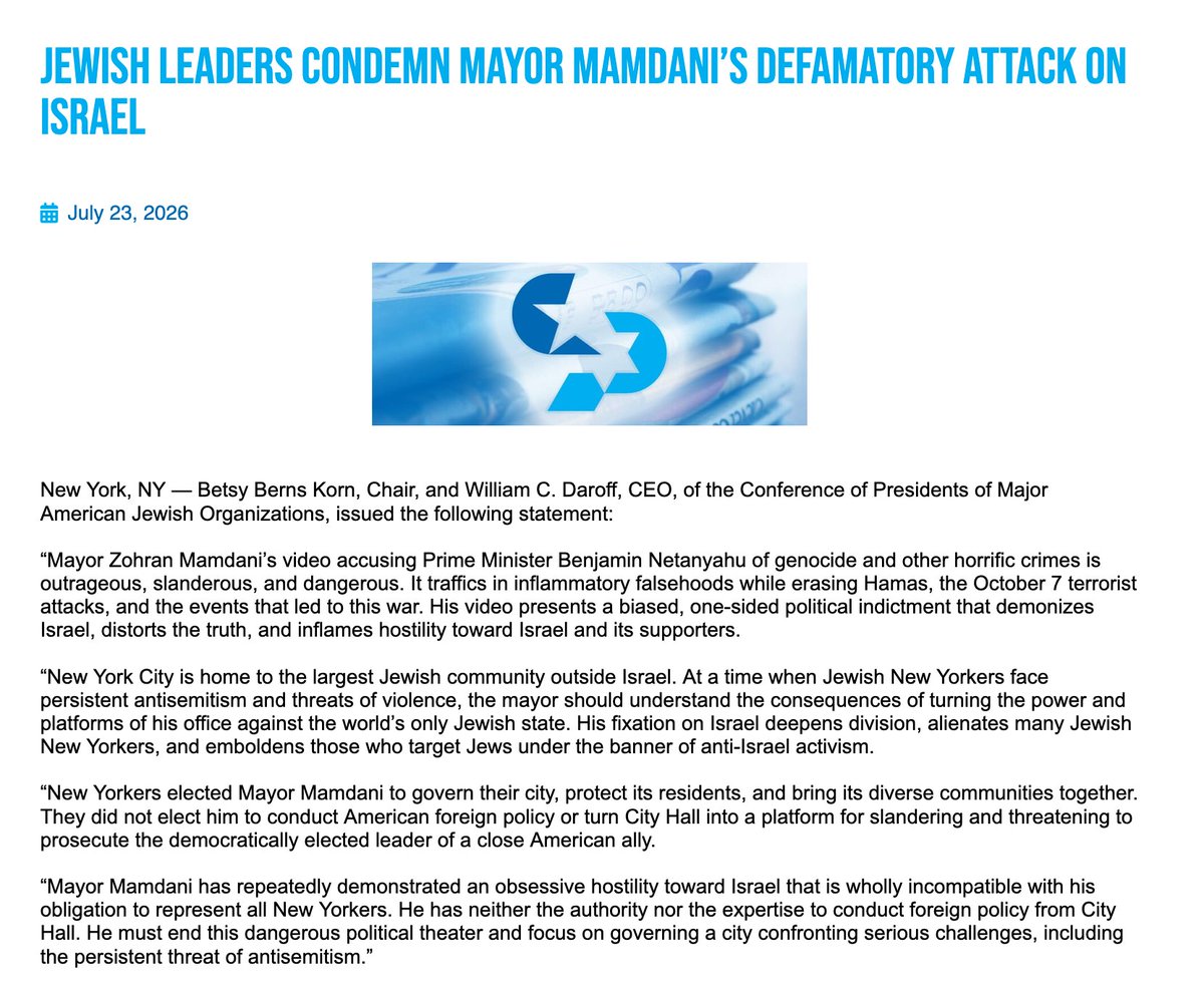 WashingtonViews's tweet photo. Statement from the @Conf_of_Pres's @betsyberns and @Daroff  "Jewish Leaders Condemn Mayor Mamdani's Defamatory Attack on Israel" @NYCMayor https://t.co/Mng1wJMOK6