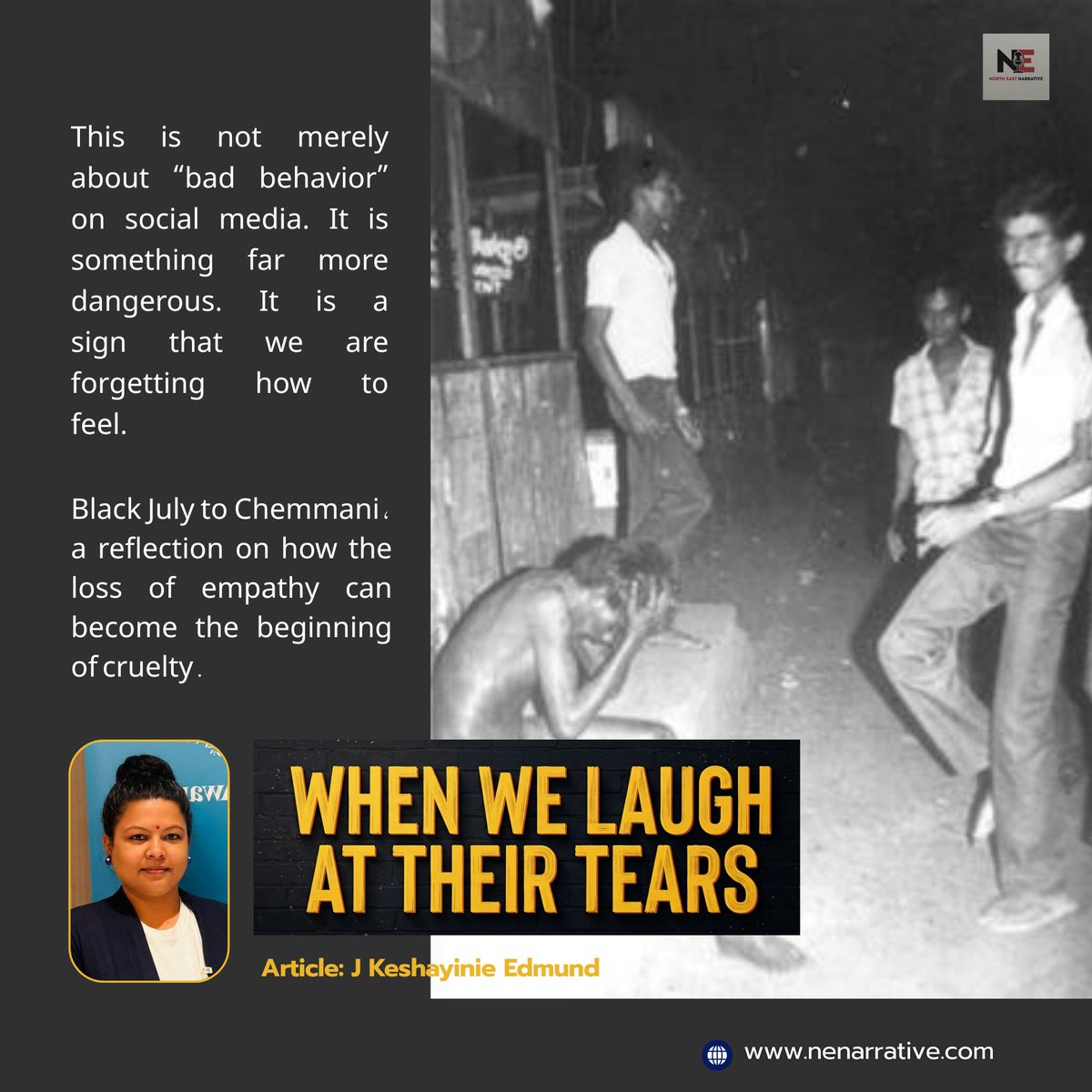 NENarrative2026's tweet photo. #Chemmani, by contrast, represents a quieter horror—one of silence, denial, and buried truths.The violence was not performed in public streets, but hidden beneath the earth.Yet the psychological mechanisms remain the same:obedience, detachment, and the gradual erosion of empathy. https://t.co/IYZxBZY7sk