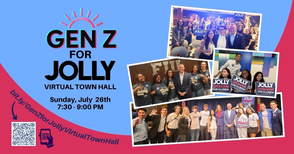FloridaForJolly's tweet photo. Join us for a GenZ town hall with David Jolly, candidate for governor on Sunday, July 26th from 7:30-9pm

https://t.co/U5Yda0awmx https://t.co/CnHnbY7kkk