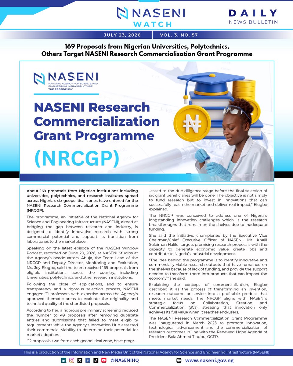 NASENIHQ's tweet photo. 169 Proposals from Nigerian Universities, Polytechnics,
Others Target NASENI Research Commercialisation Grant Programme

#ANewNASENI #NASENIWatch #DailyReview #Science #Engineering #InfinitePossibilities https://t.co/KXbncGxFIc