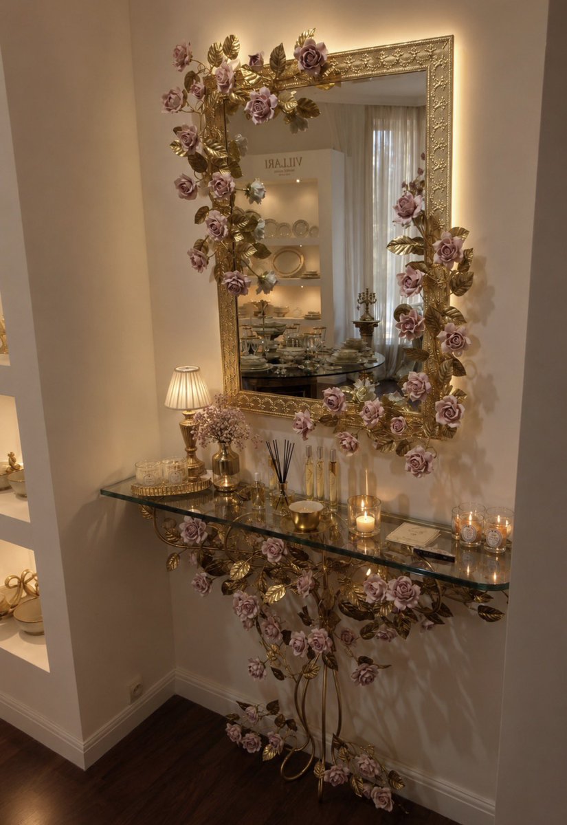 insperarise's tweet photo. gold framed mirror with pink rose details 🌹 https://t.co/wUeP6QT2hd