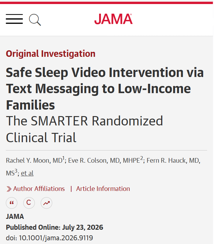 JAMA_current's tweet photo. A text-delivered video #SafeSleep intervention for low-income families did not significantly improve reported usual supine sleep, room sharing without bed-sharing, soft bedding nonuse, or pacifier use.

https://t.co/WunyVCF9mN https://t.co/eKmVrBo27f
