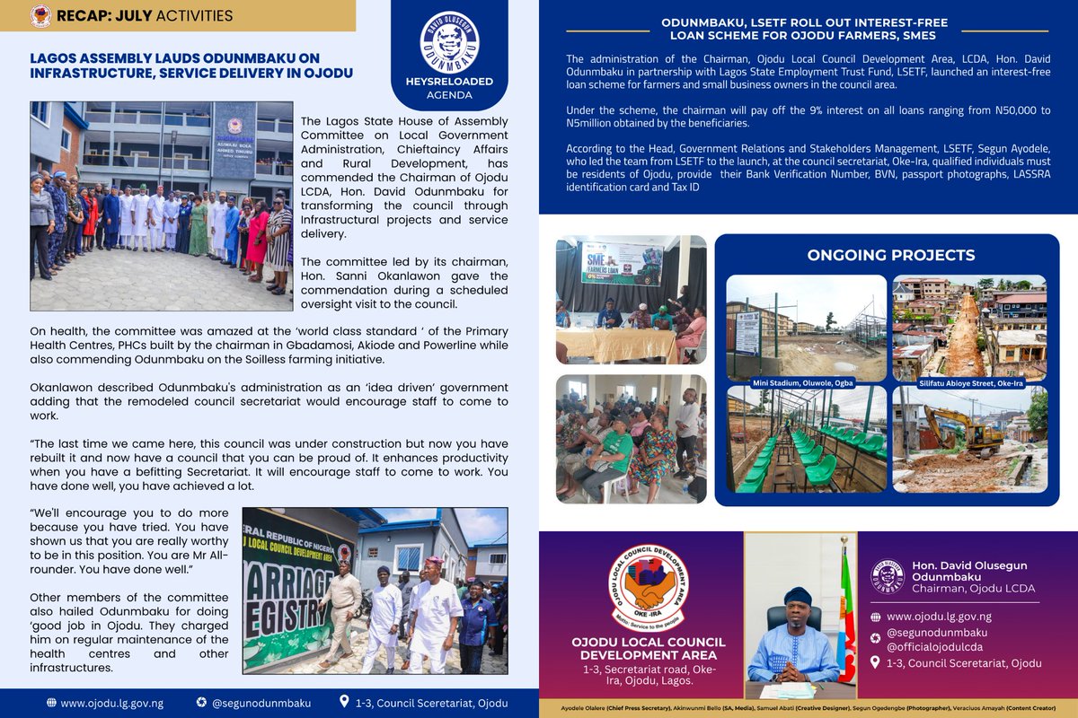 segunodunmbaku's tweet photo. 1-yr of Selfless Service 
Our activities in last 1-yr of 2nd term

#HEYSReloaded #OjoduLCDA #SegunOdunmbaku #1YearinOffice #highlight https://t.co/NlyczUsK6N