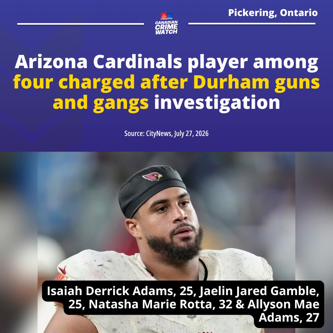 CrimeWatchCAN's tweet photo. PICKERING, ON — An Arizona Cardinals offensive lineman is among four people charged following a Durham Regional Police guns and gangs investigation that led to the seizure of a stolen loaded handgun and more than three kilograms of suspected fentanyl. Police say the NFL player is not facing any drug-related charges.

Isaiah Derrick Adams, 25, of Pickering, was charged with:
❌ Possession of a Firearm Obtained by Crime
❌ Possession of a Restricted or Prohibited Firearm Without a Licence
❌ Possession of a Loaded Firearm
❌ Possession of a Prohibited Device

Jaelin Jared Gamble, 25, of Pickering, was charged with:
❌ Possession of a Schedule I Substance for the Purpose of Trafficking (Fentanyl)

Natasha Marie Rotta, 32, of Ajax, was charged with:
❌ Possession of a Schedule I Substance for the Purpose of Trafficking (Fentanyl)

Allyson Mae Adams, 27, of Pickering, was charged with:
❌ Possession of a Firearm Obtained by Crime
❌ Possession of a Restricted or Prohibited Firearm Without a Licence
❌ Possession of a Loaded Firearm
❌ Possession of a Prohibited Device