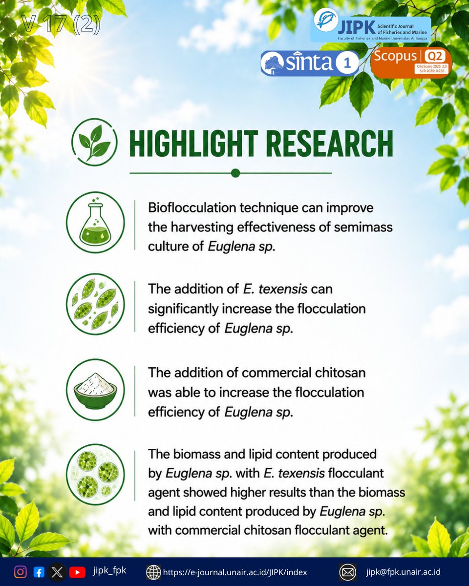 jipk19's tweet photo. "Nature's Solution to Cheaper Microalgae Biofuel Production"
.
.
Jurnal Ilmiah Perikanan dan Kelautan, 17(2):260–275. https://t.co/etIoAlFAYO
#fpkunair
#jipk
#scopus
#scopusjournal
#journal
#sciencetificjournal
#fpk
#unair https://t.co/HcMjsjRgO0