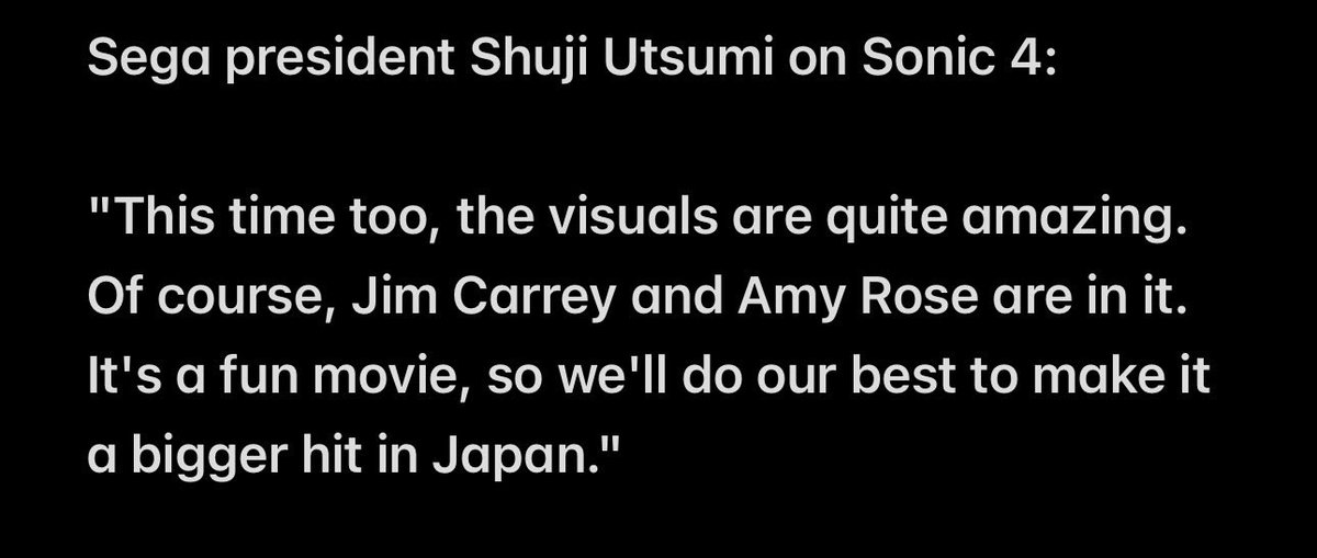 Sonic1News's tweet photo. Shuji Utsumi, the president of SEGA on #SonicMovie4. He had seen some footage of the movie and the visuals are quite amazing according to him. 

Source: https://t.co/FgJa9KbxH9 https://t.co/ENDHFrechI
