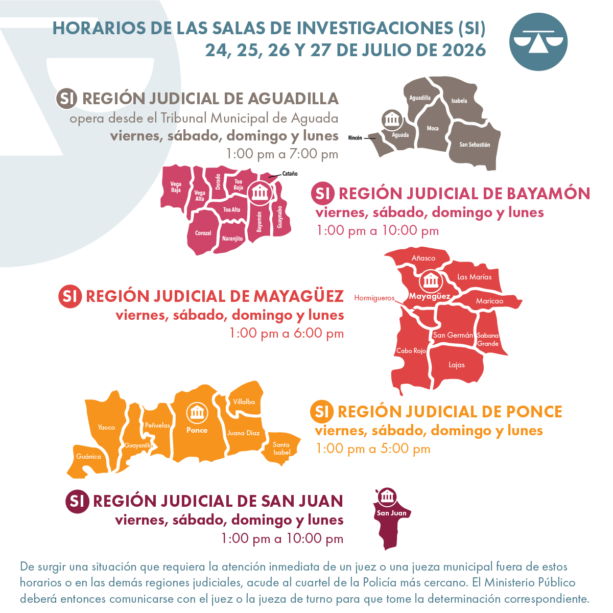 poderjudicialpr's tweet photo. Por motivo de los días feriados, las dependencias judiciales permanecerán cerradas mañana viernes, 24 de julio y el lunes, 27 de julio. No obstante, el Poder Judicial mantiene la atención de asuntos urgentes ambos días y durante el fin de semana. https://t.co/X2tfa5cYnE