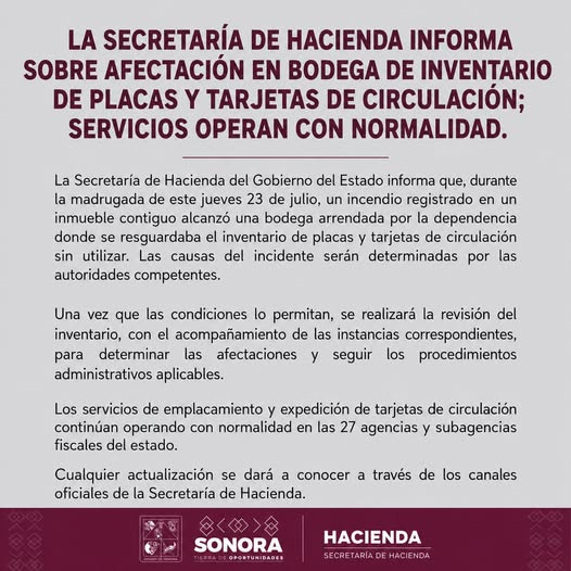 elalbertomedina's tweet photo. 🚨 Se INCENDIA bodega de la Secretaría de Hacienda con placas y tarjetas de circulación en #Hermosillo.

El incidente se registró la noche del miércoles, a la altura del kilómetro 11 de la carretera a Bahía de Kino.

El siniestro ocurrió en un inmueble contiguo a la bodega de @hacienda_sonora, el cual terminó alcanzando las instalaciones arrendadas por la dependencia estatal, donde se resguardaban placas y tarjetas de circulación sin utilizar.

50 elementos de Bomberos de Hermosillo laborando por varias horas fue lo necesario para sofocar el incendio.

En un comunicado, Hacienda informó que las causas del incidente serán determinados por las autoridades competentes. Aclaró que los servicios de emplacamiento y expedición de tarjetas continúan con normalidad.
