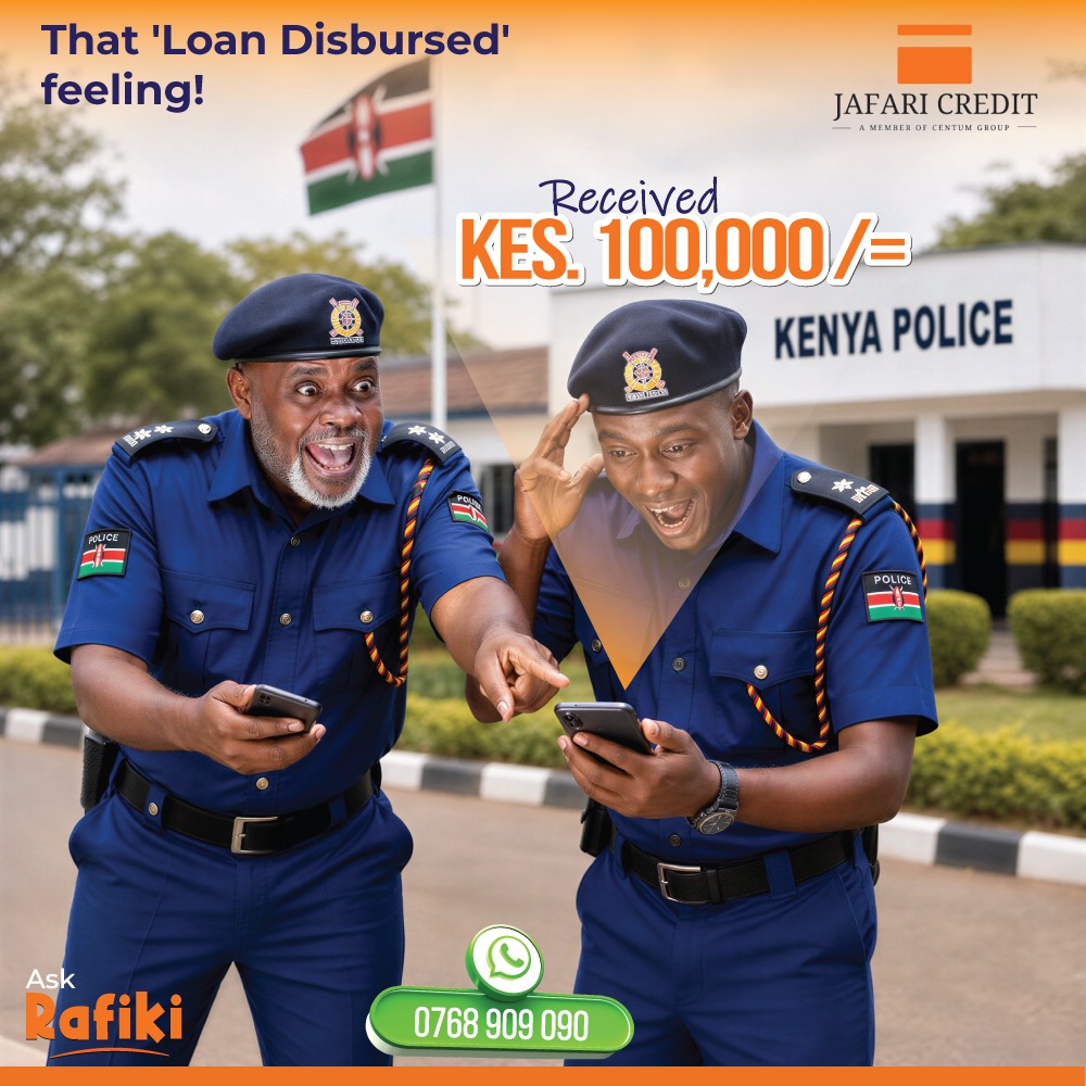 CreditJafari's tweet photo. hat "Loan Disbursed" notification hits differently. 

Police Officers and eligible civil servants, your next financial breakthrough starts today.

Apply now!

💬 Ask Rafiki: https://t.co/Gw6mfwaarb

📞 0709 007 900

#AskRafiki #JafariCredit #CheckOffLoan #Police #CivilServants https://t.co/x73Az3qu8m
