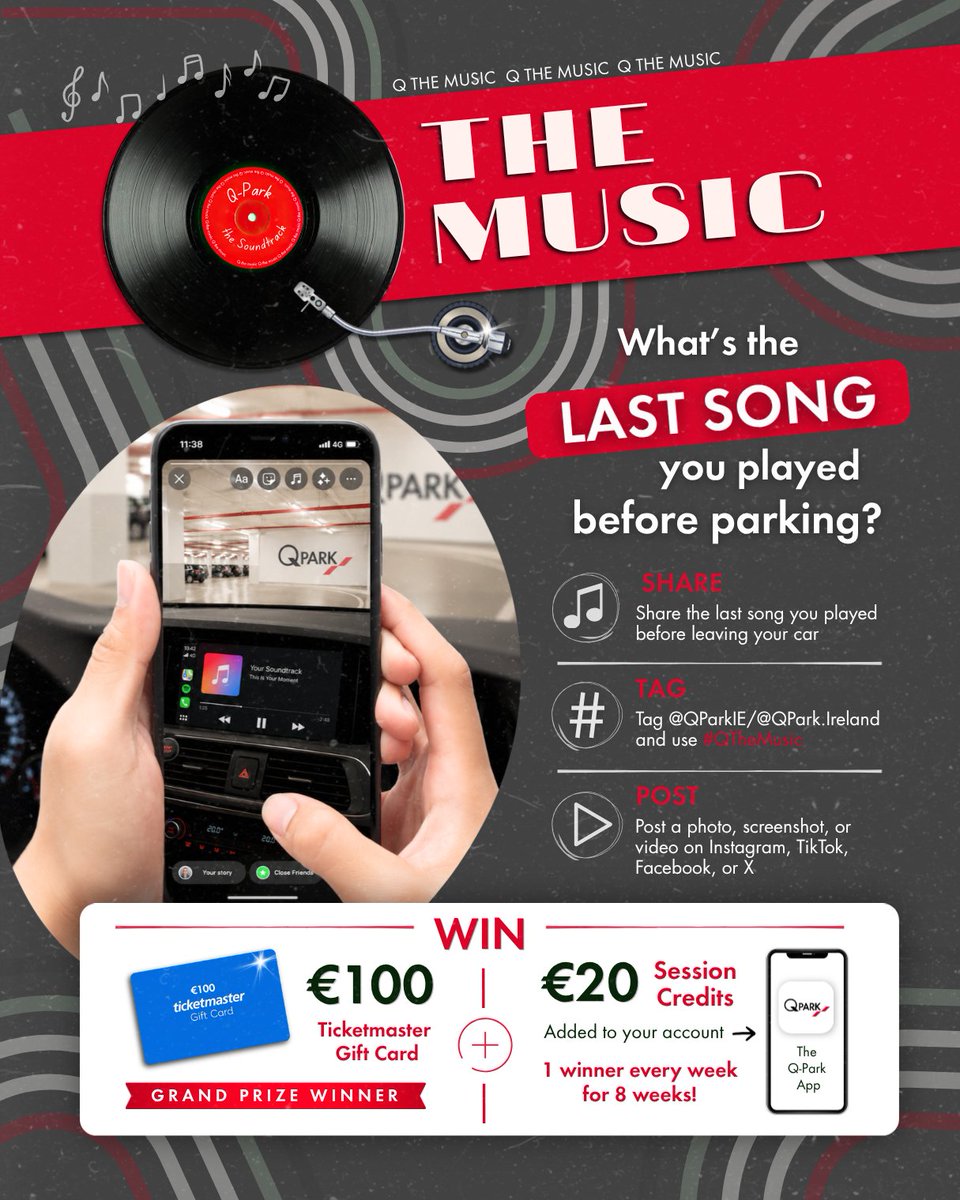 QPARKIRELAND's tweet photo. 🎶 What was the last song you played before parking?

Tell us and you could win a €100 Ticketmaster Gift Card.

Share a screenshot, photo or video, tag @QParkIreland, use #QTheMusic and follow us to enter.

Plus, €20 Q-Park Session Credits are up for grabs.

Good luck! 🤞 https://t.co/7Yj0CO2e5Y