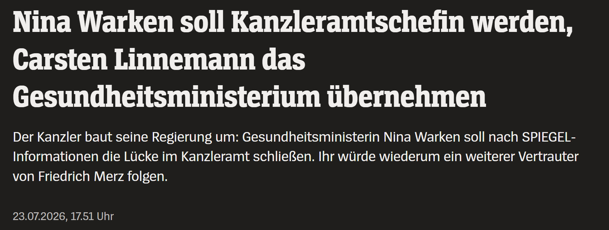 Sunnymica's tweet photo. Unsere schlimmsten Befürchtungen scheinen gerade wahr zu werden.
Nina Warken soll Kanzleramtschefin werden und Carsten Linnemann ausgerechnet das Gesundheitsministerium übernehmen.
Diese so unfassbar beliebte Regierung wird also definitiv nicht reformiert, sondern lediglich neu sortiert.