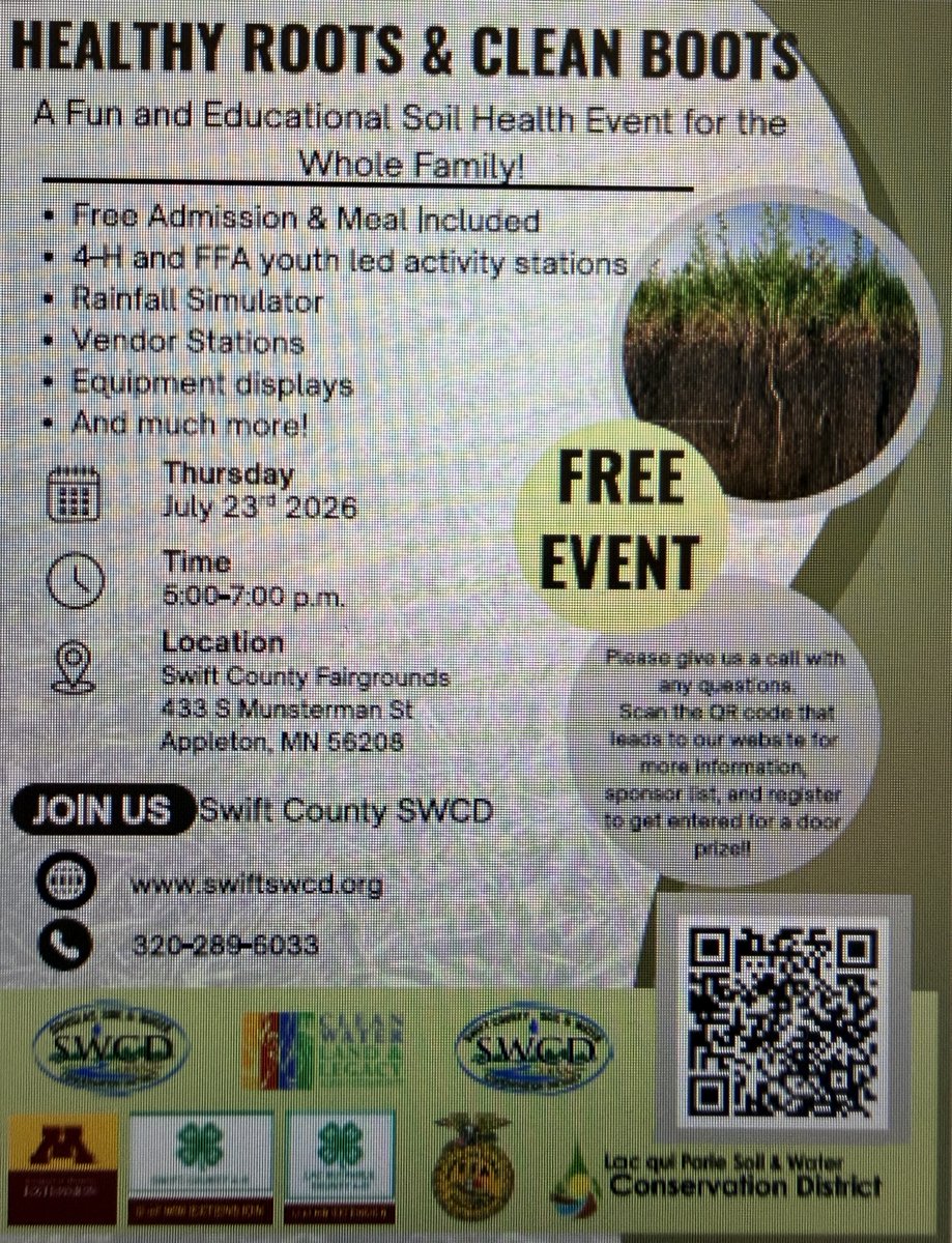 SoilLorax's tweet photo. Join us for #familyfun and #soilscience this evening at the Swift Co Fairgrounds! 20 hands on activities, 20+ vendor booths, & free dinner! Prereg is recommended. Visit https://t.co/oJ1I4dBYLN or scan QR code. See you there! https://t.co/l6aOHQh40W