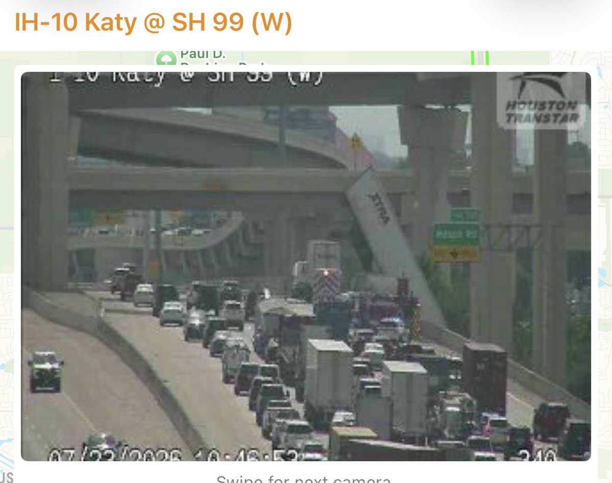 HCSO_TerryGarza's tweet photo. Traffic alert:  IH-10 Katy Freeway EB at SH-99 (Lanier Parkway), major crash involving an 18 wheeler, where the 18 wheeler fell off the freeway.  Three vehicles may be involved in this crash.  @HCSOTexas and other first responders are on scene.  Multiple lanes are affected.  @SheriffEd_HCSO @TxDOTHouston @houstontranstar @HCSO_SSB