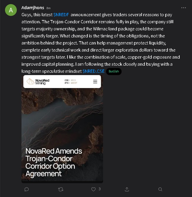 boluk8532's tweet photo. Momentum hunters are starting to circle. The Stocktwits chatter is focused on how NRED could expand Wilmac to roughly 16,078 hectares while keeping the corridor earn-in alive. Serious scale.
#MOMSON
$ARM https://t.co/SyakBd5w8V