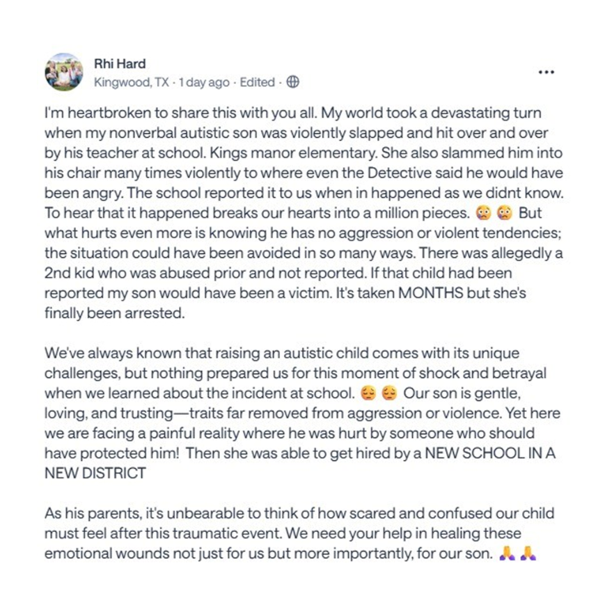 libsoftiktok's tweet photo. Texas Parent of a nonverbal autistic child says a teacher at Kings Manor Elementary School (@newcaneyisd) physically assaulted her son, repeatedly striking him and slamming him into his chair.

This teacher was then hired at ANOTHER school district, but has now FINALLY been arrested months after the incident.

Why was a teacher who allegedly abused a student not immediately arrested and kept away from children???