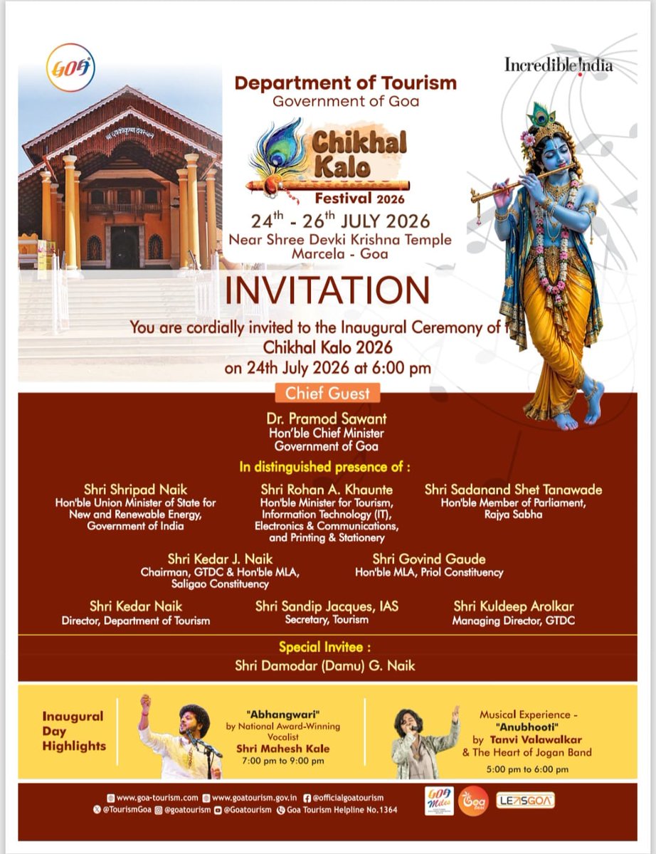 goanewshub's tweet photo. Celebrate Goa's rich cultural heritage at Chikhal Kalo Festival 2026, taking place from 24th to 26th July at Shree Devki Krishna Temple, Marcel. Experience devotion, tradition, music, and vibrant festivities that showcase the true spirit of Goa. Stay connected with Goa News Hub for exclusive updates and complete festival coverage.