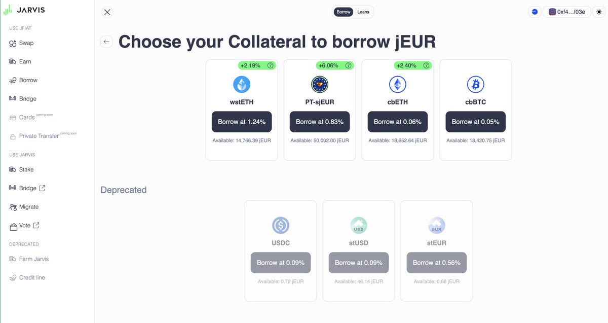 Jarvis_Network's tweet photo. 🔥 Euro carry trade ?

You can now borrow $jEUR against the @spectra_finance PT-sjEUR on @Morpho on #Base.

Currently: the PT yields at 6%, the borrowing rate is at 0.83%, and the liquidity sits at 50k jEUR.

➡️ https://t.co/NOa8bAlEl1

(You can also borrow USDC against the PT). https://t.co/XzknxhFway
